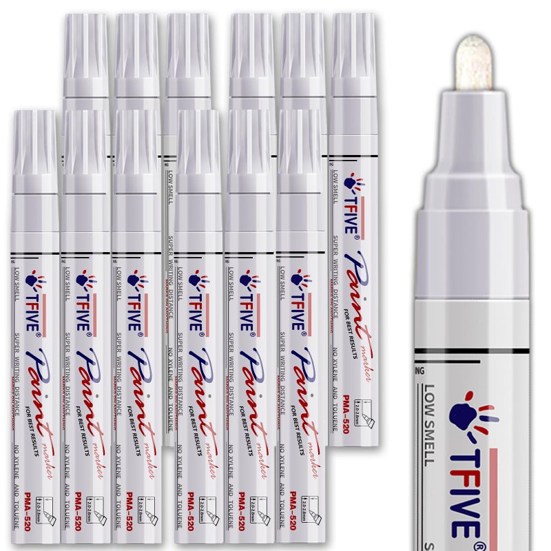 TFIVE White Paint Pens Markers - 12 Pack Oil Based Permanent Marker, Medium Tip, Never Fade, Quick Dry, Waterproof Paint Pen for Rock Painting, Wood, Plastic, Canvas, Glass, Metal, Rubber - Image 1